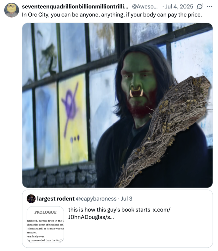 July 4th, 2025 tweet by @Awesomespen X user @Awesomespen posted an edited image of "Keanu Reeves":https://knowyourmeme.com/memes/im-from-buenos-aires-and-i-say-kill-them-all quoting his line in "_Cyberpunk 2077":https://knowyourmeme.com/memes/subcultures/cyberpunk-2077.