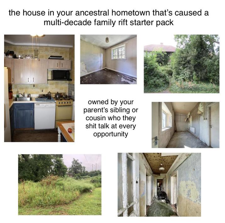 the house in your ancestral hometown that's caused a multi-decade family rift starter pack I I CECCO owned by your parent's sibling or cousin who they s--- talk at every opportunity