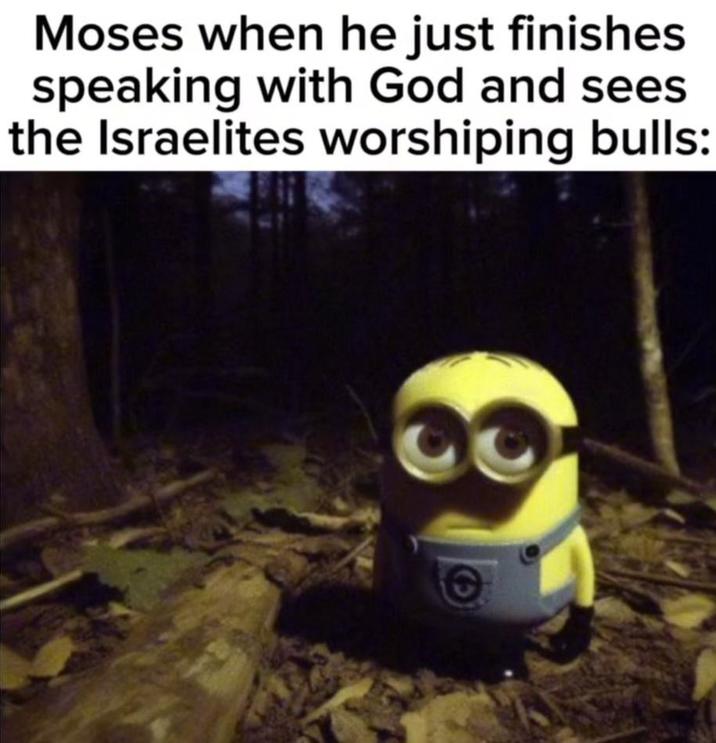 Moses when he just finishes speaking with God and sees the Israelites worshiping bulls: