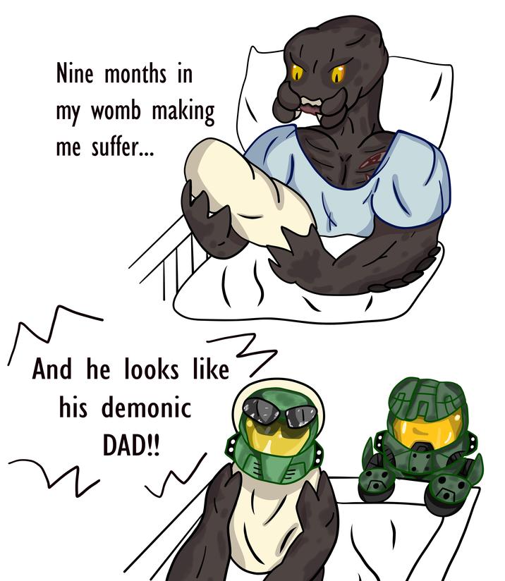 A two panel webcomic redraw by Altruistic-Syrup5160. The comic depicts a character from Halo in a hospital bed with their baby. They say "Nine months in my womb making me suffer, and he looks like his demonic dad." The baby resembles Master Chief's appearance in the 2001 game Halo: Combat Evolved.  

