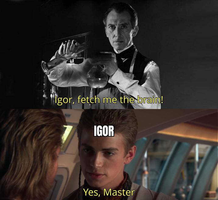 Igor, fetch me the brain! IGOR Yes, Master