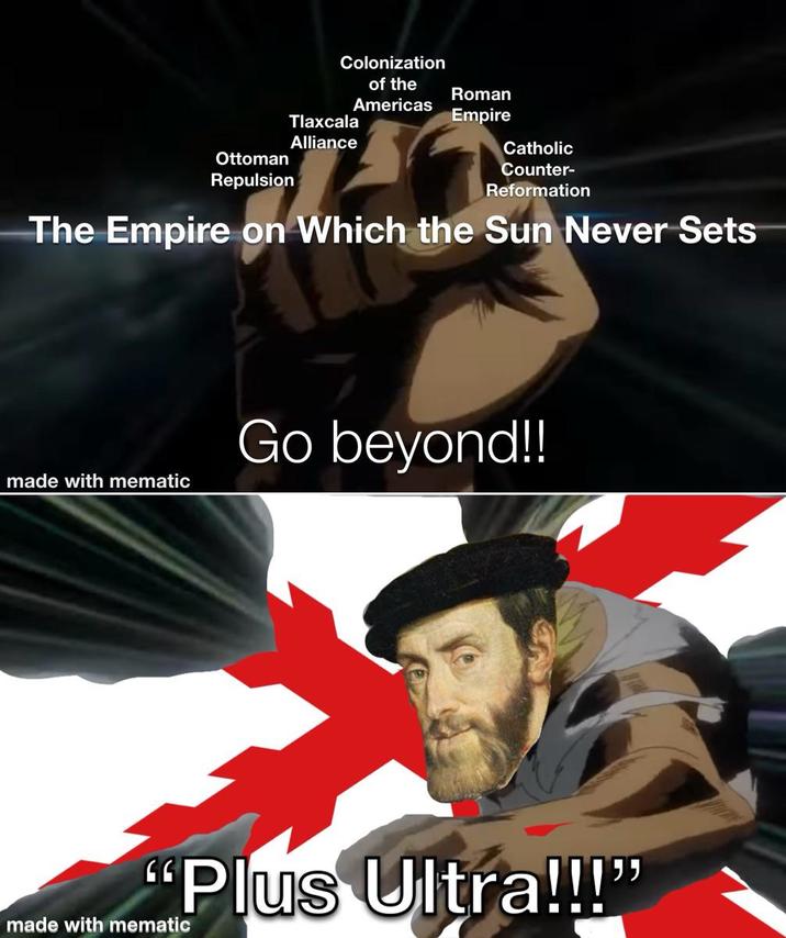 Colonization of the Americas Roman Tlaxcala Empire Alliance Ottoman Repulsion Catholic Counter- Reformation The Empire on Which the Sun Never Sets made with mematic Go beyond!! "Plus Ultra!!!" made with mematic