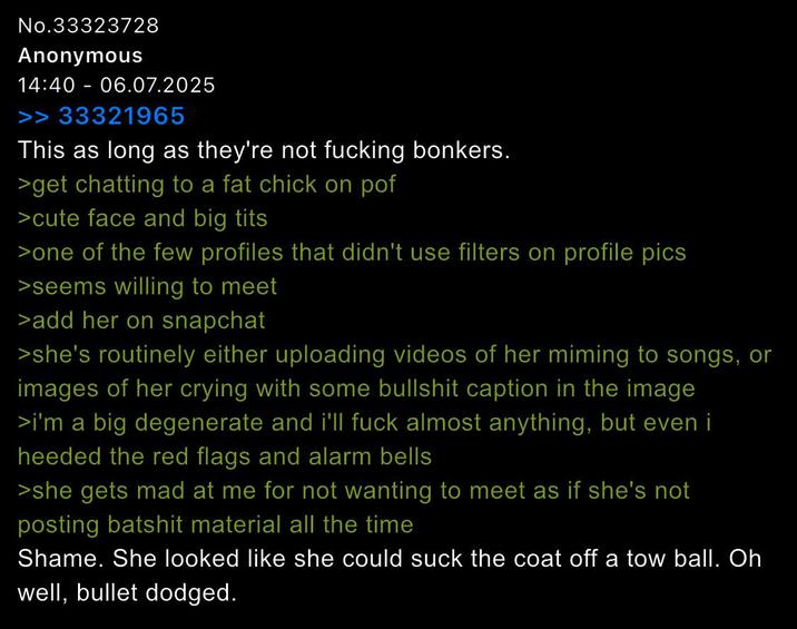 No.33323728 Anonymous 14:40 - 06.07.2025 >> 33321965 This as long as they're not f------ bonkers. >get chatting to a fat chick on pof >cute face and b------- >one of the few profiles that didn't use filters on profile pics >seems willing to meet >add her on snapchat >she's routinely either uploading videos of her miming to songs, or images of her crying with some b------- caption in the image >i'm a big degenerate and i'll f--- almost anything, but even i heeded the red flags and alarm bells >she gets mad at me for not wanting to meet as if she's not posting batshit material all the time Shame. She looked like she could suck the coat off a tow ball. Oh well, bullet dodged.