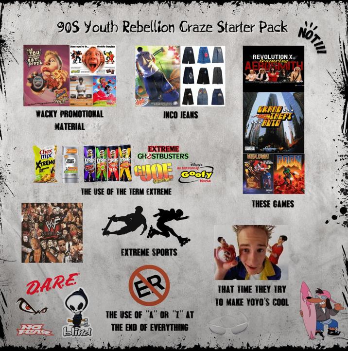 Ad You EAT PIZZA 90S Youth Rebellion Craze Starter Pack Now you're in double trouble WACKY PROMOTIONAL MATERIAL INCO JEANS Chex mix XTREME TREN XTREME TRENS TREME EXTREME GHOSTBUSTERS RANK CODE XTREME THE USE OF THE TERM EXTREME Disney's An Extremely Goofy Movie ATTITUDE DARE صح EXTREME SPORTS ER A blind NOTIII REVOLUTION X❤ featuring TI THEFT RUTO ADVISORY MARTAL KIMBAT DOOM THESE GAMES THAT TIME THEY TRY TO MAKE YOYO'S COOL THE USE OF "A" OR "I" AT THE END OF EVERYTHING