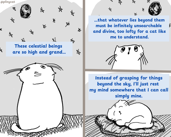 @plinycat Ex 丸 ☑ These celestial beings are so high and grand... B ...that whatever lies beyond them must be infinitely unsearchable and divine, too lofty for a cat like me to understand. Instead of grasping for things beyond the sky, I'll just rest my mind somewhere that I can call simply mine.