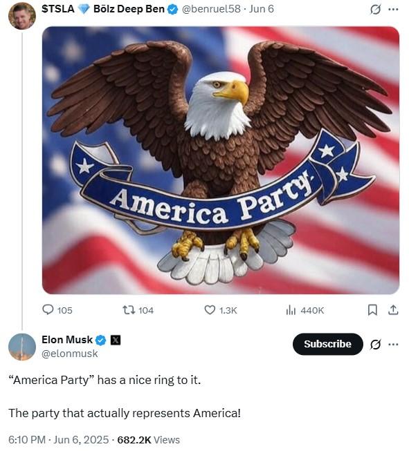 “America Party” has a nice ring to it. The tweet coining "America Party."