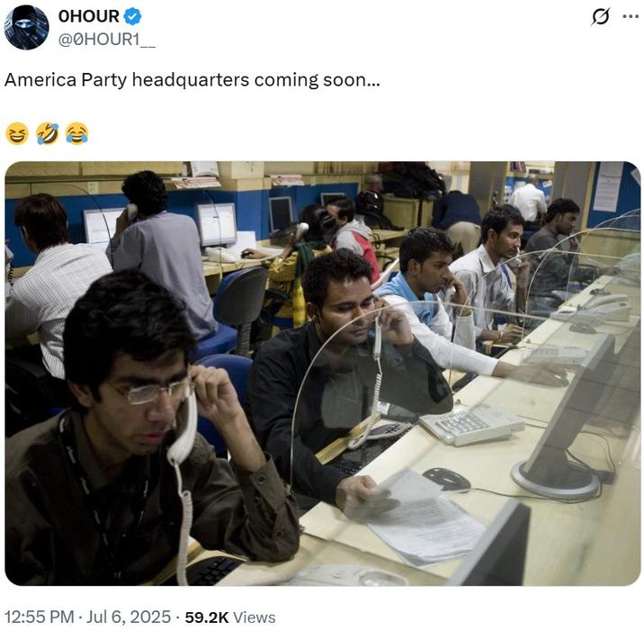 America Party headquarters coming soon... A meme reading, "America Party headquarters coming soon..." It shows Indians at a call center.