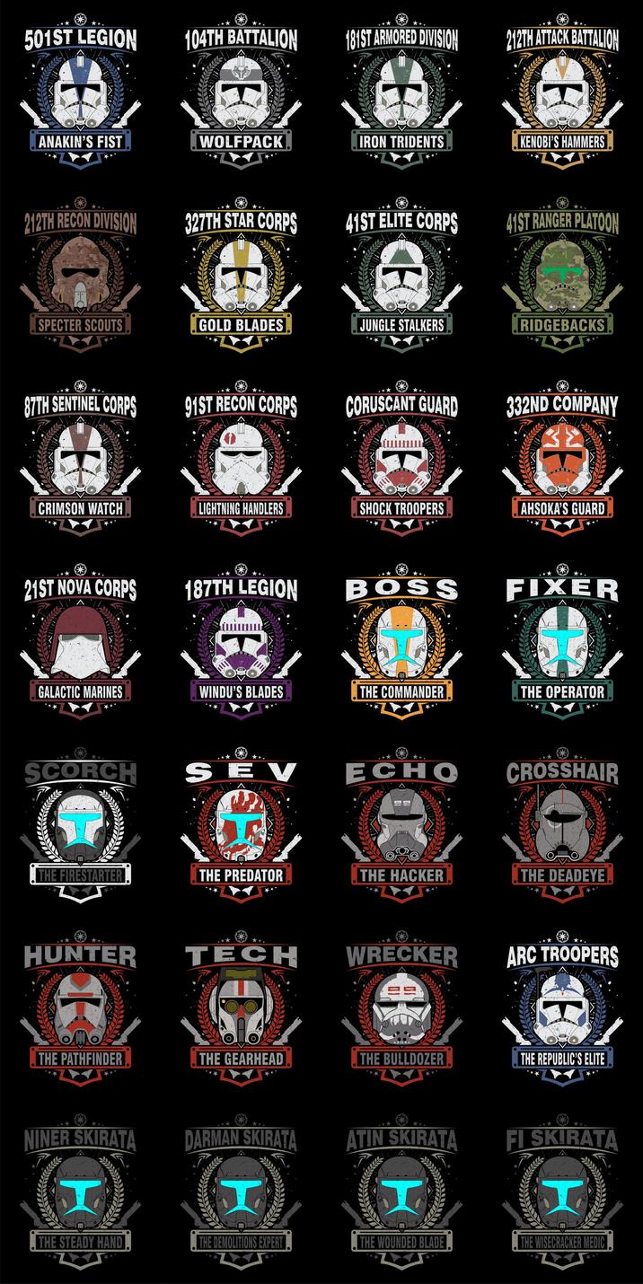 501ST LEGION 104TH BATTALION 181ST ARMORED DIVISION 212TH ATTACK BATTALION ANAKIN'S FIST WOLFPACK IRON TRIDENTS KENOBI'S HAMMERS *. 212TH RECON DIVISION 327TH STAR CORPS 41ST ELITE CORPS 41ST RANGER PLATOON SPECTER SCOUTS GOLD BLADES JUNGLE STALKERS RIDGEBACKS 87TH SENTINEL CORPS 91ST RECON CORPS CORUSCANT GUARD 332ND COMPANY CRIMSON WATCH LIGHTNING HANDLERS SHOCK TROOPERS AHSOKA'S GUARD 21ST NOVA CORPS 187TH LEGION BOSS FIXER GALACTIC MARINES WINDU'S BLADES THE COMMANDER THE OPERATOR ⭑⭑. *** ECHO CROSSHAIR SCORCH *** SEV THE FIRESTARTER THE PREDATOR THE HACKER HUNTER TECH ⭑⭑. WRECKER THE PATHFINDER THE GEARHEAD THE BULLDOZER THE DEADEYE ARC TROOPERS H THE REPUBLIC'S ELITE NINER SKIRATA DARMAN SKIRATA ATIN SKIRATA FI SKIRATA THE STEADY HAND THE DEMOLITIONS EXPERT THE WOUNDED BLADE THE WISECRACKER MEDIC