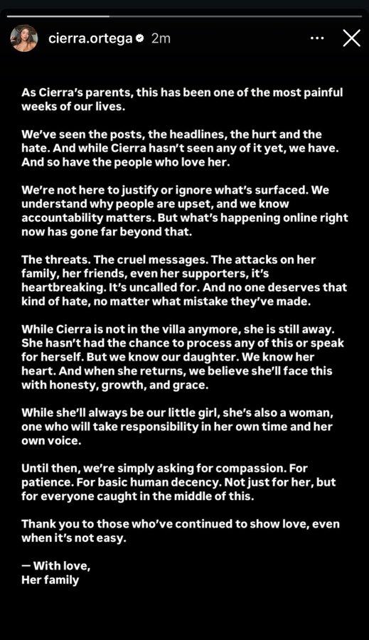 Statement From Cierra Ortega's Parents (Love Island) A statement made to Cierra's (Love Island) Instagram Story from her parents. The statement asks people not to hate on Cierra.
