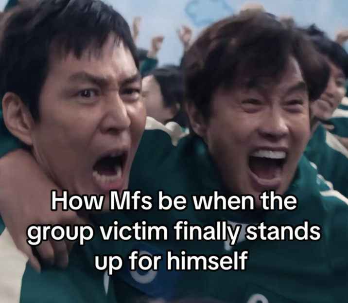 A "meme":https://knowyourmeme.com/memes/memes from "TikTok":https://knowyourmeme.com/memes/sites/tiktok using the celebration scene in "_Squid Game_":https://knowyourmeme.com/memes/subcultures/squid-game season 2, when "Seong Gi-hun":https://knowyourmeme.com/memes/seong-gi-huns-id-photo (Player 456) is cheering and celebrating with other players.