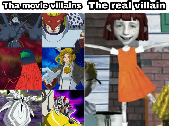 The Real Villain A meme about the Digimon Movie. The meme claims Angela Anaconda is the real villain, based on a short of her that plays before the theatrical version of the film.