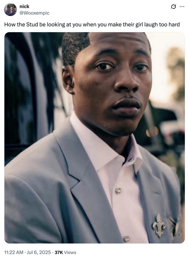 X user @Wooxempic tweeted, "How the Stud be looking at you when you make their girl laugh too hard" alongside an image of streamer Lil Rodney Son staring at the camera.