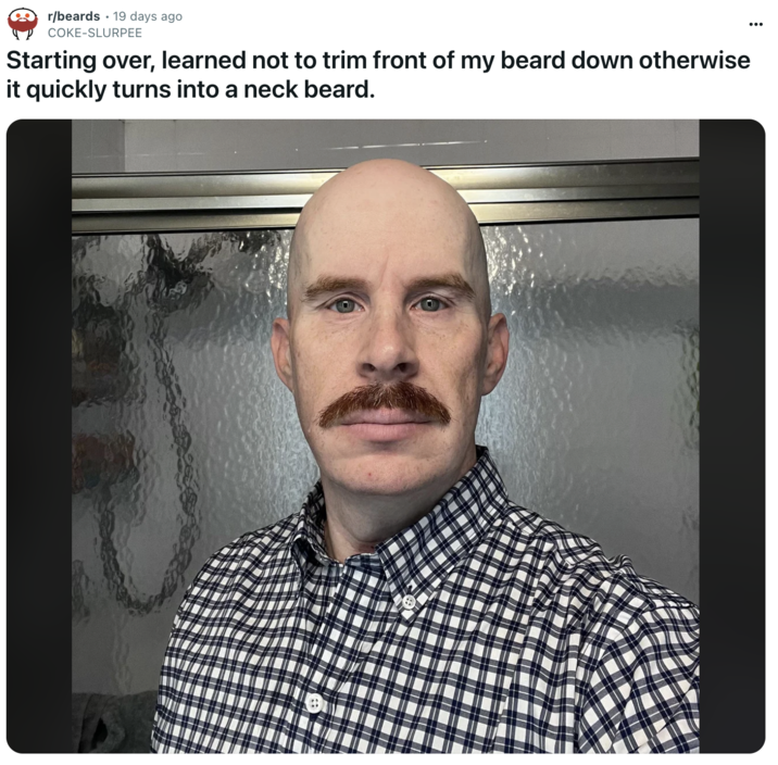 Redditor u/COKE-SLURPEE posted a selfie to the subreddit r/beards, writing, "Starting over, learned not to trim front of my beard down otherwise it quickly turns into a neck beard." The selfie showed him bald with a mustache, staring into the camera in his bathroom. The post gathered over 200 likes in 20 days.
