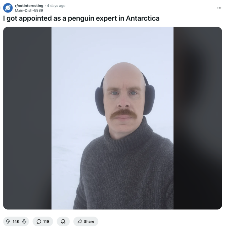 Redditor u/Main-Dish-5989 posted an altered and possibly AI-generated image of Redditor u/COKE-SLURPEE in a snowy setting, writing, "I got appointed as a penguin expert in Antarctica." The post gathered over 14,000 likes in four days.