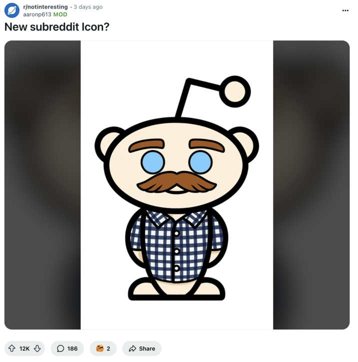 Redditor u/aaronp613 and r/notinteresting moderator posted a version of the subreddit mascot resembling the John Interview meme. The post gathered over 12,000 upvotes in three days.