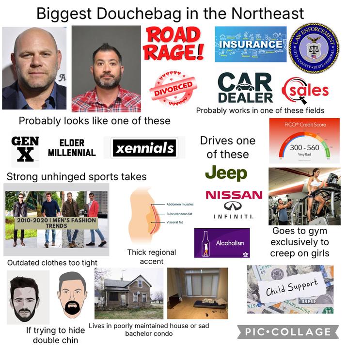 Biggest Douchebag in the Northeast 55 A ROAD RAGE! DIVORCED Probably looks like one of these GEN ELDER X MILLENNIAL Disaster Injury 0 Rick+Travel+ INSURANCE Safety + Care V Medical Policy Accident - CAR DEALER LAW CITY ENFOR SAFETY COUNTY CEMENT *FEDERAL SECURITY *STATE* sales Probably works in one of these fields Drives one xennials of these Strong unhinged sports takes Abdomen muscles Jeep NISSAN FICO® Credit Score Very Bad Bad 650 300-560 700 Very Bad 300 850 MyBlankTracker.com 750 2010-2020 I MEN'S FASHION TRENDS H Outdated clothes too tight Subcutaneous fat INFINIT I. Visceral fat Goes to gym Thick regional accent Alcoholism exclusively to creep on girls LE 905. E5 BRATIS Child Support 100 If trying to hide Lives in poorly maintained house or sad bachelor condo R 6157 B 407 6625E PIC COLLAGE double chin