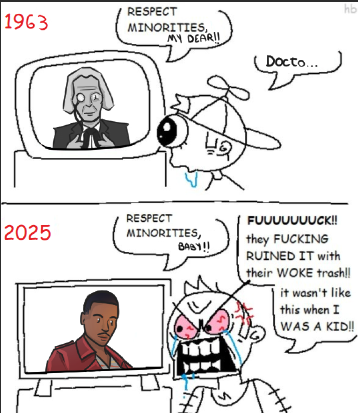 1963 RESPECT MINORITIES, MY DEARII 42 2025 RESPECT MINORITIES, BABY!! Docto... hb FUUUUUUUCK!! they F------ RUINED IT with their WOKE trash!! it wasn't like this when I 142 WAS A KID!!