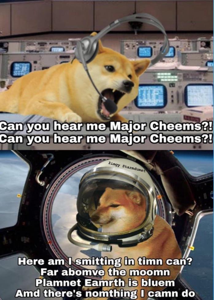 Can you hear me Major Cheems?! Can you hear me Major Cheems?! Zimgy Starmdumst Here am I smitting in timn can? Far abomve the moomn Plamnet Eamrth is bluem Amd there's nomthing I camn do