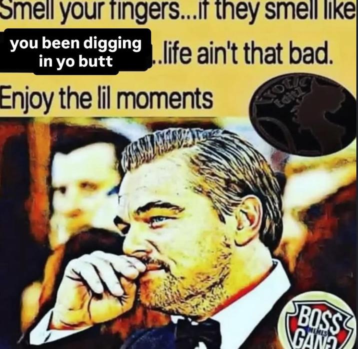 Smell your fingers...If they smell like you been digging in yo butt...life ain't that bad. A "Smell Your Fingers" "meme":https://knowyourmeme.com/memes/memes showing "Leonardo DiCaprio":https://knowyourmeme.com/memes/people/leonardo-dicaprio.