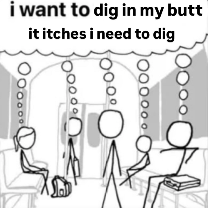 it itches i need to dig A "Thinkers on a Train":https://knowyourmeme.com/memes/thinkers-on-a-train meme about all of the people thinking about digging in their butts.