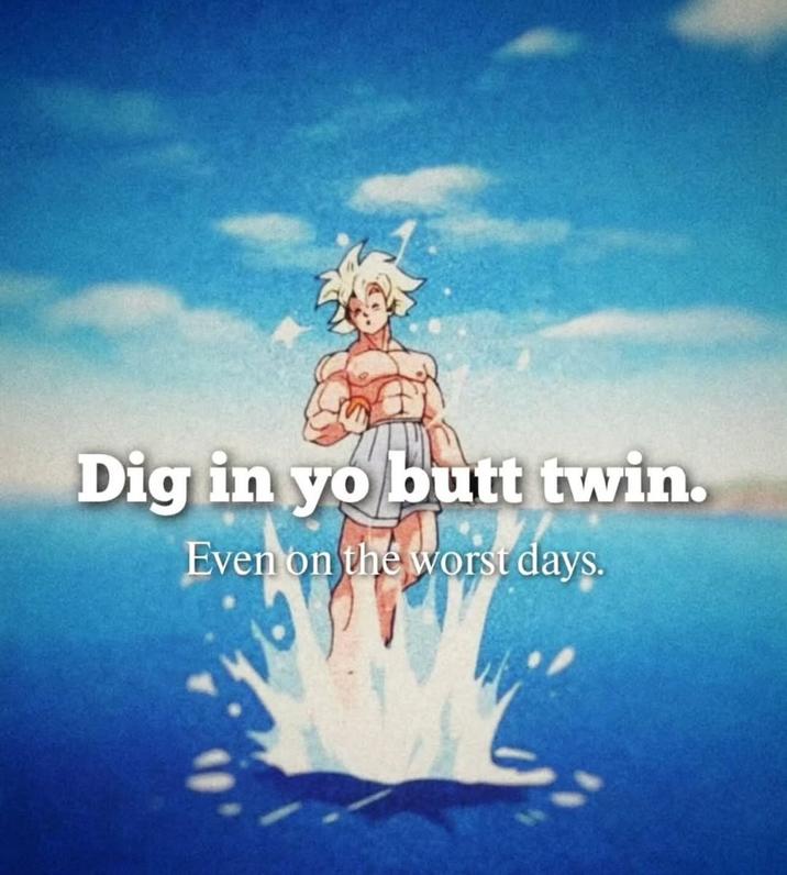 Dig in yo butt twin A parody "Inspirational Photo Quotes":https://knowyourmeme.com/memes/inspirational-photo-quotes reading, "Dig in yo butt twin."