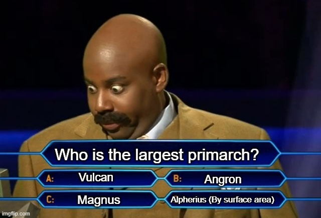 Who is the largest primarch? A: Vulcan C: Magnus imgflip.com B: Angron Alpherius (By surface area)