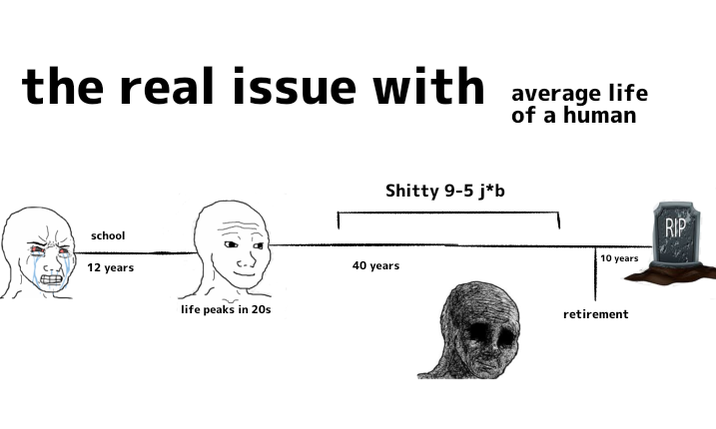 the real issue with average life of a human school 12 years life peaks in 20s S----- 9-5 j*b 40 years 10 years retirement RIP