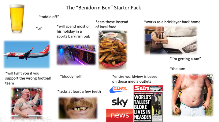 "toddle off" The "Benidorm Ben" Starter Pack "oi" his holiday in a sports bar/irish pub Jet2.com *will spend most of *eats these instead of local food *works as a bricklayer back home *will fight you if you support the wrong football team "bloody hell" 000 * lacks at least a few teeth * entire worldview is based on these media outlets CAPITAL THE MED HOLS FROM £99 Sün Another HUGE exclusive WORLD'S sky TALLEST BLOKE LIVES IN news NEASDEN He's 7ft 9ins asylum seeker "i'm getting a tan" *the tan: