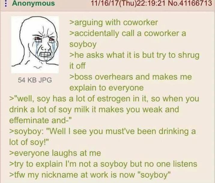 Anonymous 54 KB JPG 11/16/17(Thu)22:19:21 No.41166713 >arguing with coworker >accidentally call a coworker a soyboy >he asks what it is but try to shrug it off >boss overhears and makes me explain to everyone >"well, soy has a lot of estrogen in it, so when you drink a lot of soy milk it makes you weak and effeminate and-" >soyboy: "Well I see you must've been drinking a lot of soy!" >everyone laughs at me >try to explain I'm not a soyboy but no one listens >tfw my nickname at work is now "soyboy"
