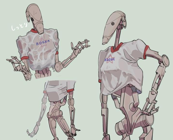A drawing of a DJ Droid girl with a wet t-shirt. The art was drawn by X user @Capsicumannuum3.