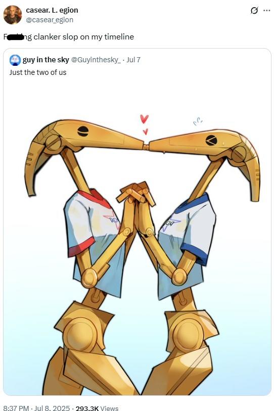 Clanker slop on my timeline A response to artwork of two DJ battle droids kissing. The response reads, "Clanker slop on my timeline."