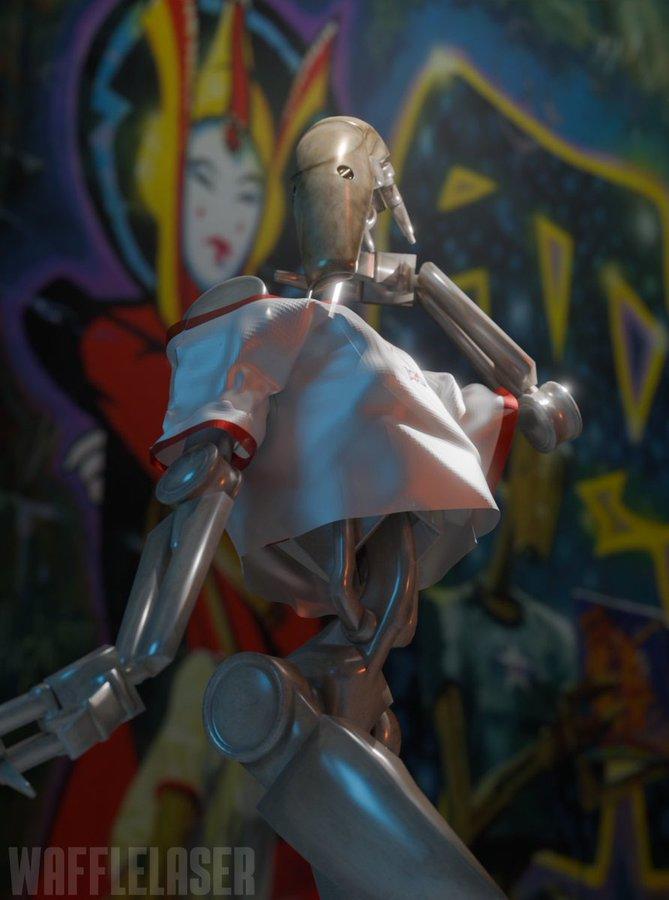 3D DJ Battle Droid A 3D rendering of the DJ battle droid from the Star Wars Rocks 2 art. The render is by X user @WaffleLaser.