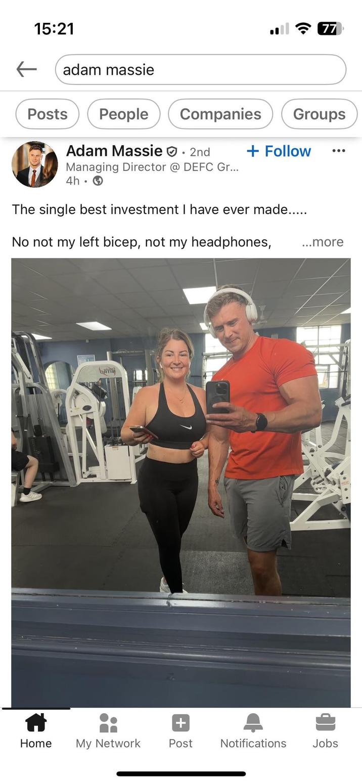 15:21 ← adam massie Posts People 3 77 Companies Groups + Follow Adam Massie. 2nd Managing Director @ DEFC Gr... 4h The single best investment I have ever made..... No not my left bicep, not my headphones, SATI ...more + Home My Network Post Notifications Jobs