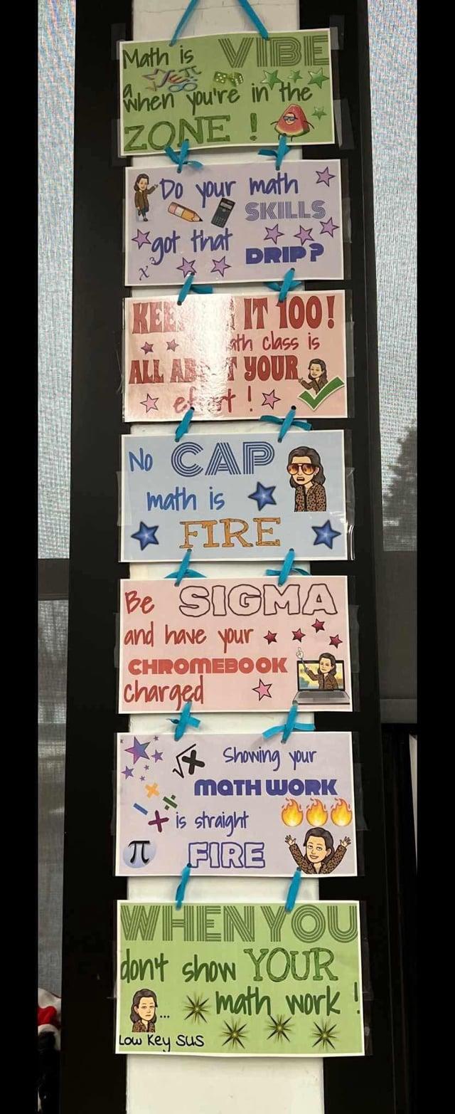 Math is VIBE when you're in the ZONE! Do your math SKILLS got that DRIPP KEL IT 100! ath class is ALL AB YOUR et!* No CAP math is FIRE Be SIGMA and have your CHROMEBOOK charged 元 * Showing your MATH WORK +is straight T FIRE 000 WHEN YOU don't show YOUR math work *** Low Key sus