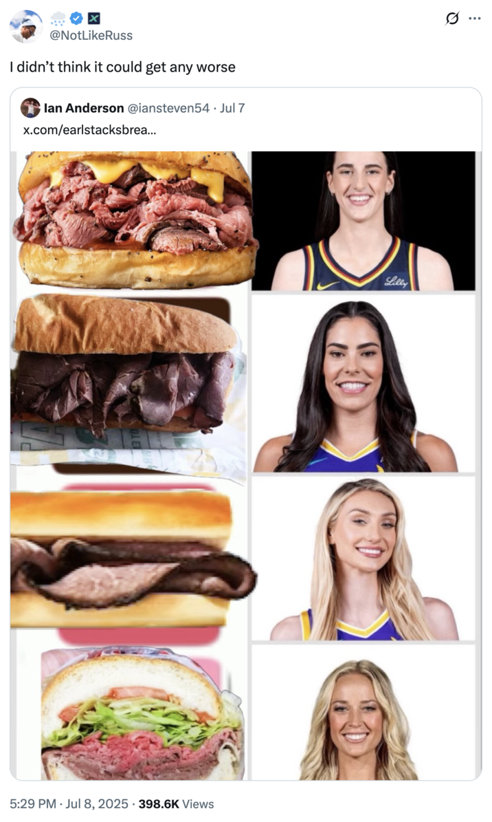 A "meme":https://knowyourmeme.com/memes/memes showing the WNBA players "Caitlin Clark":https://knowyourmeme.com/memes/people/caitlin-clark, "Kelsey Plum":https://knowyourmeme.com/memes/kelsey-plum-eating-popcorn, Cameron Brink and Sophie Cunningham and their imagined "roast beef" displays.