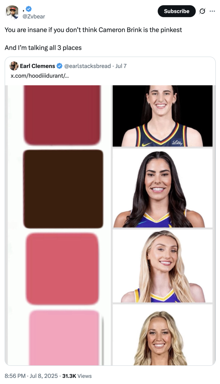 A "quote-tweet":https://knowyourmeme.com/memes/quote-retweets-qrts reading, "You are insane if you don’t think Cameron Brink is the pinkest."