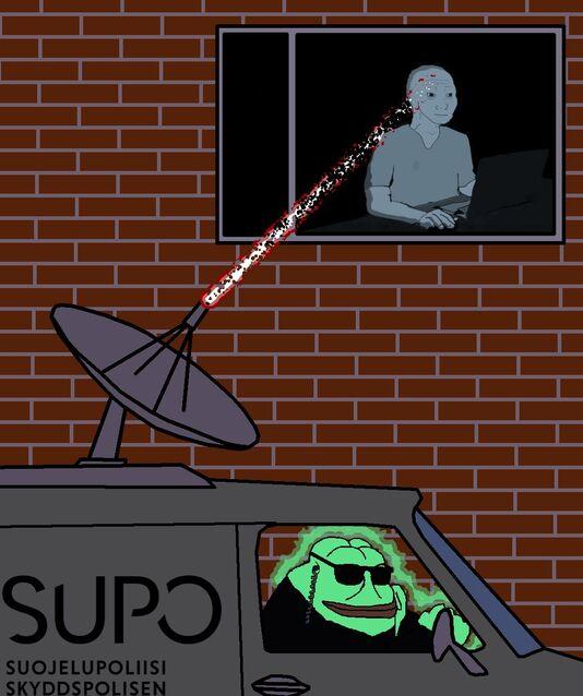 Supo Groyper A "Groyper":https://knowyourmeme.com/memes/groyper in an FBI van shooting a beam into a Wojak's brain. The meme is meant to show a "glowie":https://knowyourmeme.com/memes/glowie-glowposting brainwashing people.