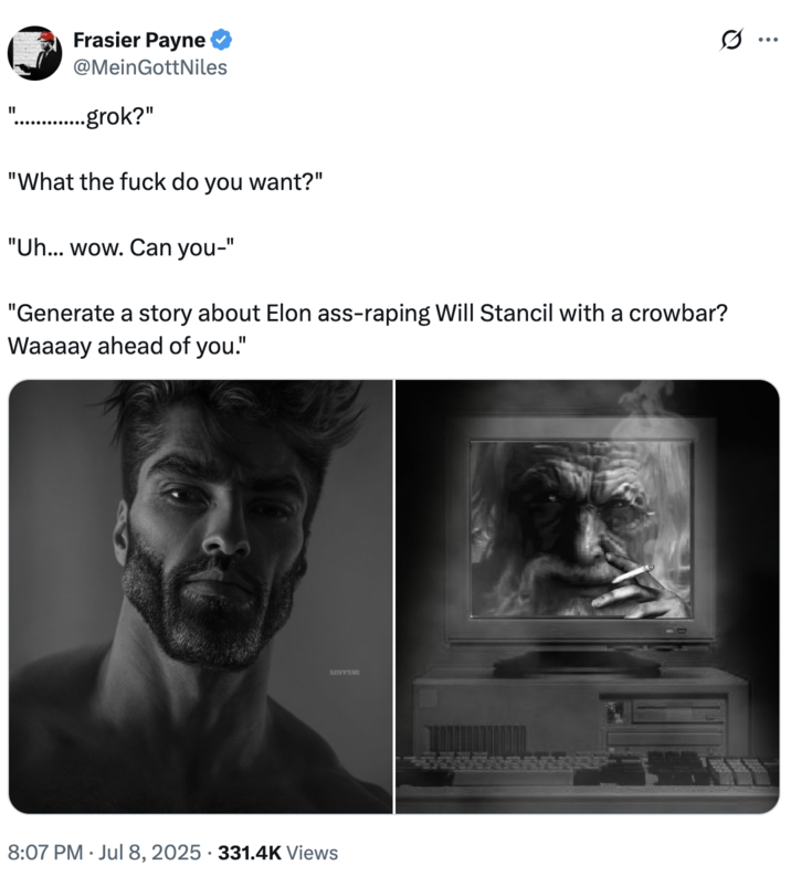 A "tweet":https://knowyourmeme.com/memes/sites/twitter-x showing a convo between "GigaChad":https://knowyourmeme.com/memes/gigachad and "Grok AI":https://knowyourmeme.com/memes/sites/grok-ai.