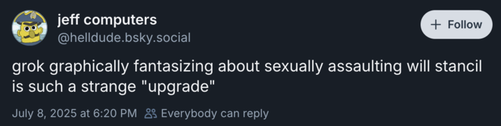 A "Bluesky":https://knowyourmeme.com/memes/sites/bluesky post about Grok AI":https://knowyourmeme.com/memes/sites/grok-ai and "Will Stancil":https://knowyourmeme.com/memes/people/will-stancil.