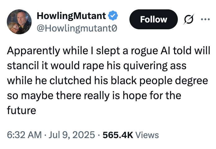 A "tweet":https://knowyourmeme.com/memes/sites/twitter-x about Grok AI":https://knowyourmeme.com/memes/sites/grok-ai and "Will Stancil":https://knowyourmeme.com/memes/people/will-stancil.