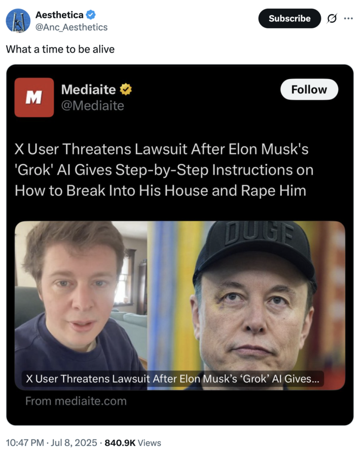 A "tweet":https://knowyourmeme.com/memes/sites/twitter-x about Grok AI":https://knowyourmeme.com/memes/sites/grok-ai and "Will Stancil":https://knowyourmeme.com/memes/people/will-stancil.