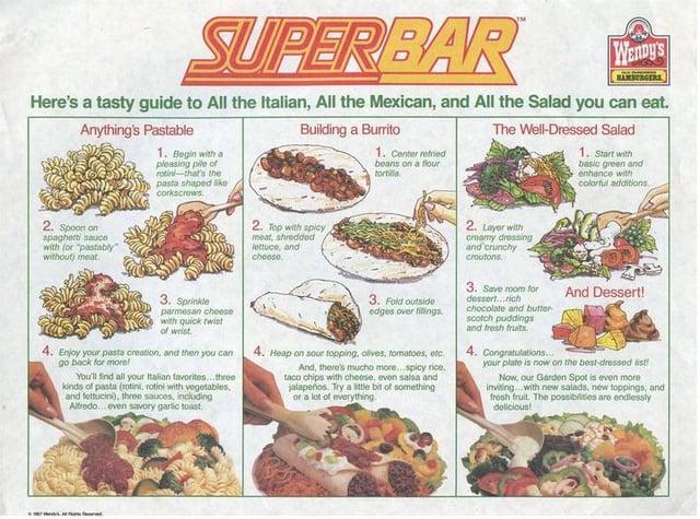 SUPERBAR WENDY'S Here's a tasty guide to All the Italian, All the Mexican, and All the Salad you can eat. Anything's Pastable 1. Begin with a pleasing pile of rotini-that's the pasta shaped like corkscrews Building a Burrito 1. Center refried beans on a flour tortilla The Well-Dressed Salad 1. Start with basic green and enhance with colorful additions. 2. Spoon on spaghetti sauce with (or "pastably" without) meat. 2. Top with spicy meat, shredded lettuce, and cheese. 2. Layer with creamy dressing and crunchy croutons 3. Sprinkle parmesan cheese with quick twist of wrist. 4. Enjoy your pasta creation, and then you can go back for more! You'll find all your Italian favorites...three kinds of pasta (rotini, rotini with vegetables, and fettucini), three sauces, including Alfredo...even savory garlic toast. 3. Fold outside edges over filings. 4. Heap on sour topping, olives, tomatoes, etc. And, there's much more...spicy rice, taco chips with cheese, even salsa and jalapeños. Try a little bit of something or a lot of everything 3. Save room for dessert...rich chocolate and butter scotch puddings and fresh fruits. 4. Congratulations... And Dessert! your plate is now on the best-dressed list! Now, our Garden Spot is even more inviting with new salads, new toppings, and fresh fruit. The possibilities are endlessly delicious!