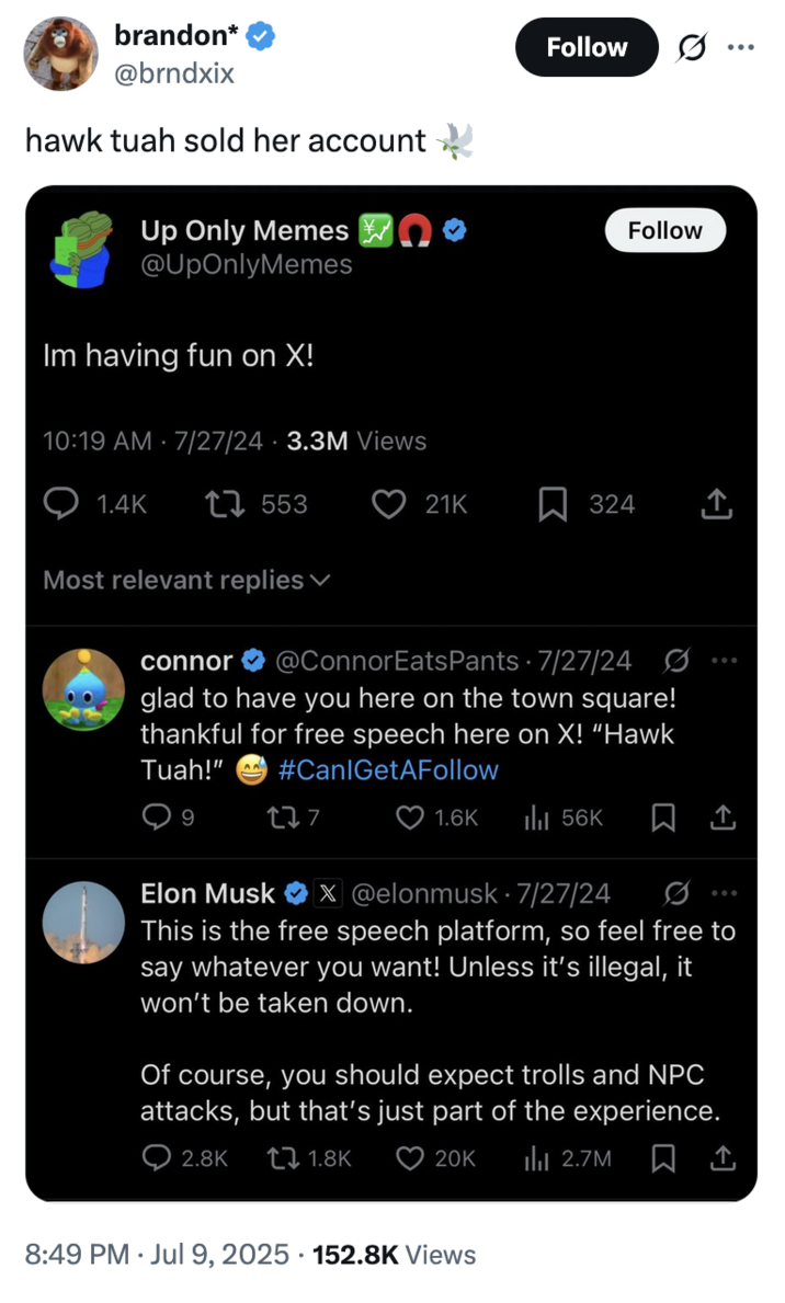 X user @brndxix posted a screenshot of the Hawk Tuah Girl's old tweets, now featuring a new username and profile picture. The caption on the post read, "hawk tuah sold her account 🕊️"