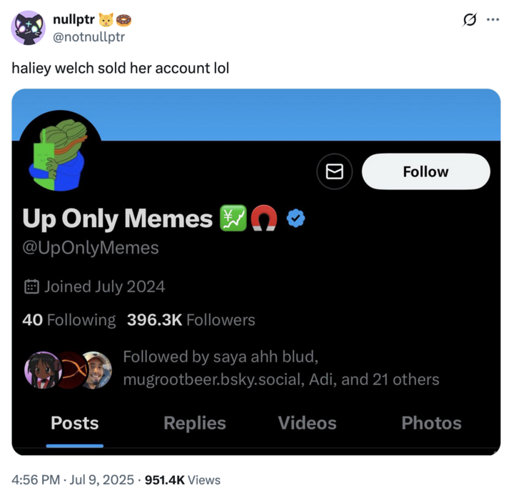 X user @notnullptr tweeted a screenshot of the X account "Up Only Memes," noting that it previously belonged to the "Hawk Tuah Girl," Haliey Welch.