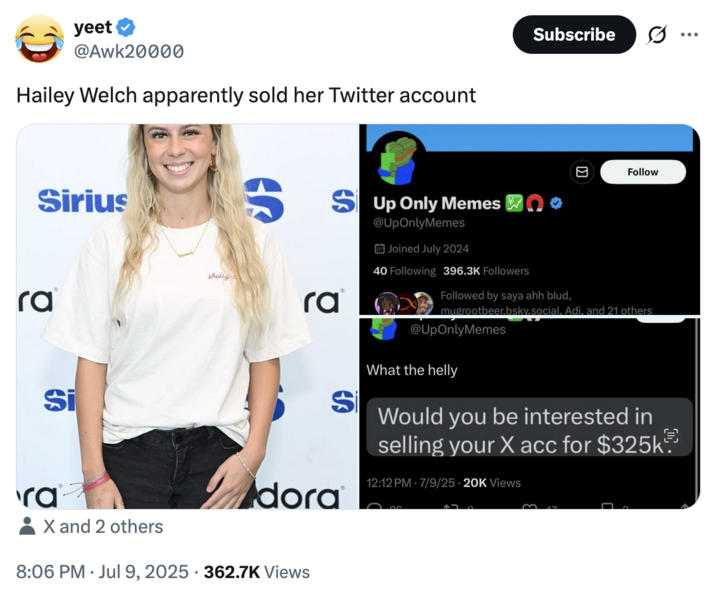 X user @Awk20000 tweeted screenshots of @UpOnlyMemes alongside a caption that read, "Hailey Welch apparently sold her Twitter account."