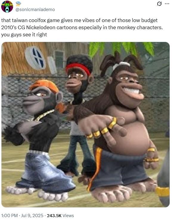 that taiwan coolfox game gives me vibes of one of those low budget 2010's CG Nickelodeon cartoons A tweet reading, "that taiwan coolfox game gives me vibes of one of those low budget 2010's CG Nickelodeon cartoons especially in the monkey characters. you guys see it right." The tweet shares a screenshot from Taiwan Coolfox.