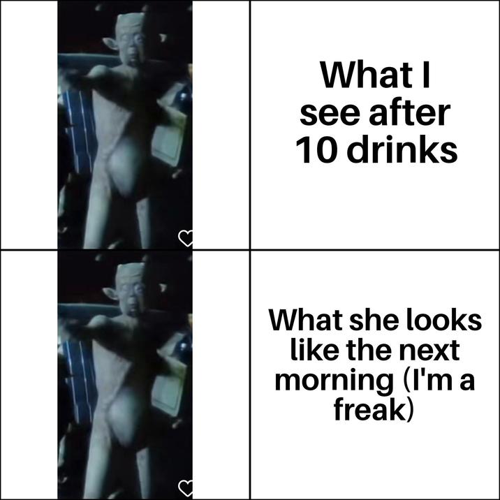 What I see after 10 drinks What she looks like the next morning (I'm a freak)