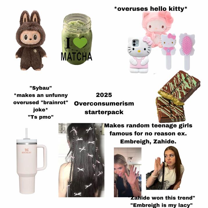 Woaler I MATCHA *overuses hello kitty* "Sybau" *makes an unfunny overused "brainrot" joke* "Ts pmo" 2025 Overconsumerism starterpack Makes random teenage girls famous for no reason ex. Embreigh, Zahide. STANLEY XX ط J "Zahide won this trend" "Embreigh is my lacy"