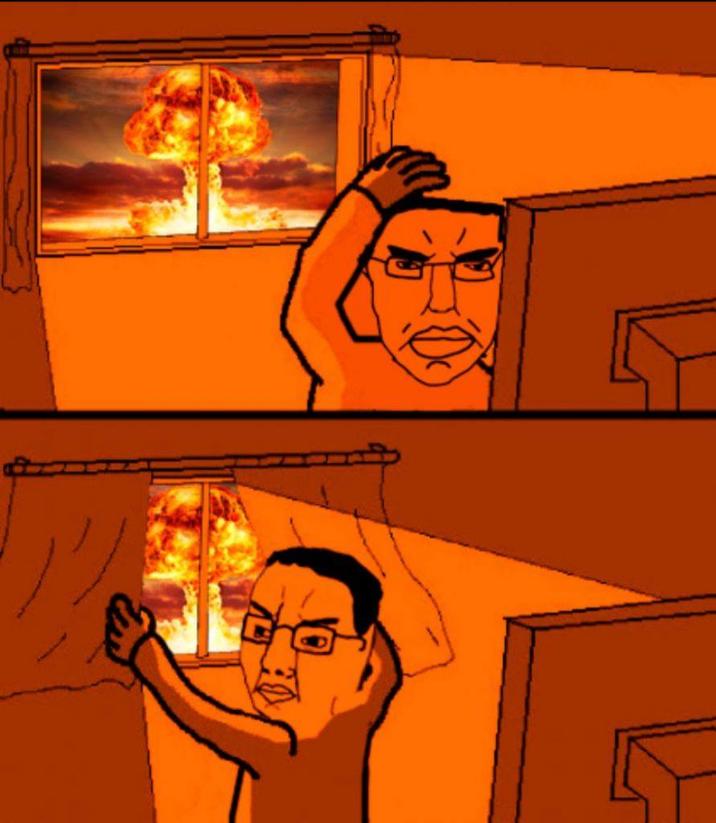 March 26th, 2024 Facebook Post Facebook page Daily Reminder posted a meme showing a Chudjak closing his curtains and sitting on his computer as a mushroom cloud explodes outside.