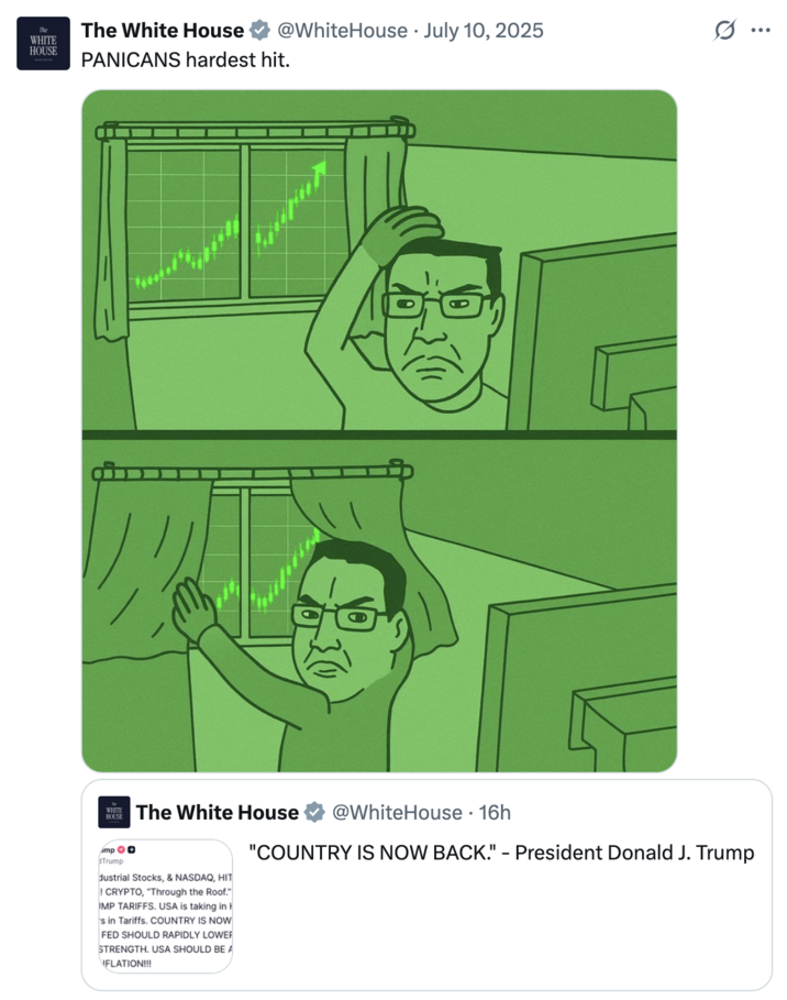 July 10th, 2025 tweet by @WhiteHouse X user @WhiteHouse tweeted a meme featuring an AI-generated version of the "Chudjak Closing the Curtains":https://knowyourmeme.com/memes/closing-the-curtains meme, gathering over 5 million views and 24,000 likes in a day.